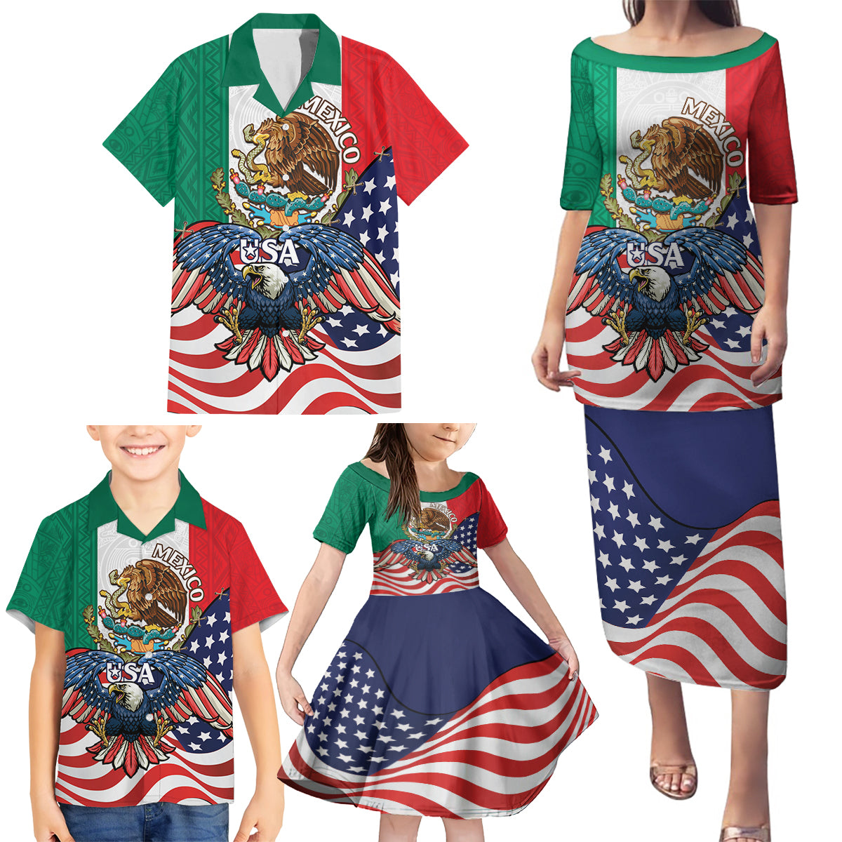 United States And Mexico Family Matching Puletasi and Hawaiian Shirt USA Eagle With Mexican Aztec - Wonder Print Shop