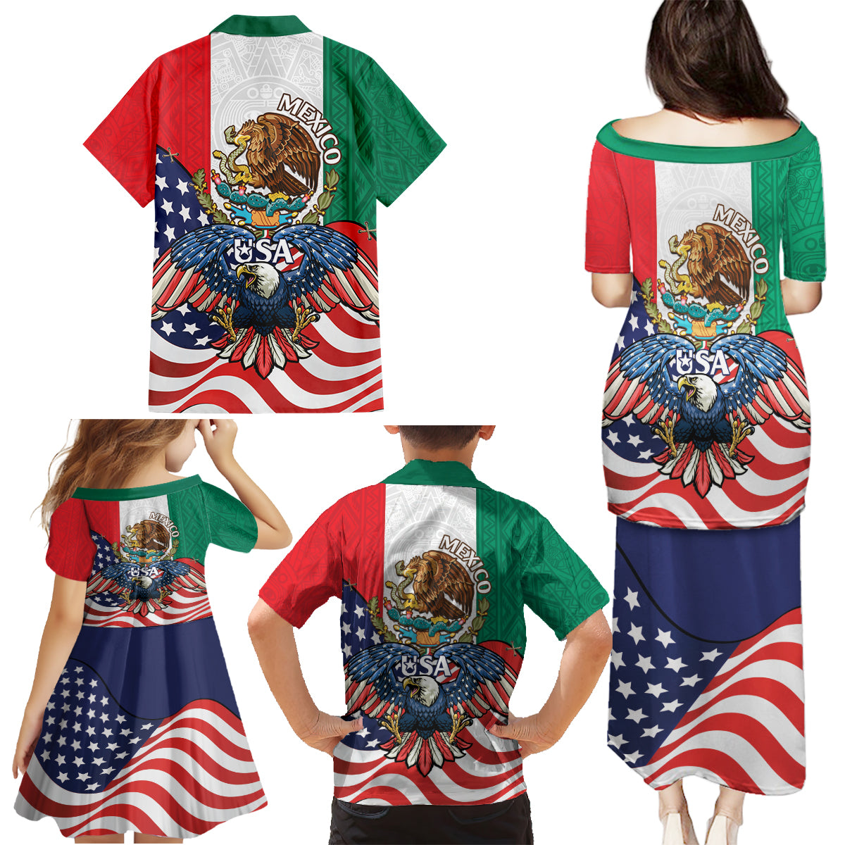 United States And Mexico Family Matching Puletasi and Hawaiian Shirt USA Eagle With Mexican Aztec - Wonder Print Shop
