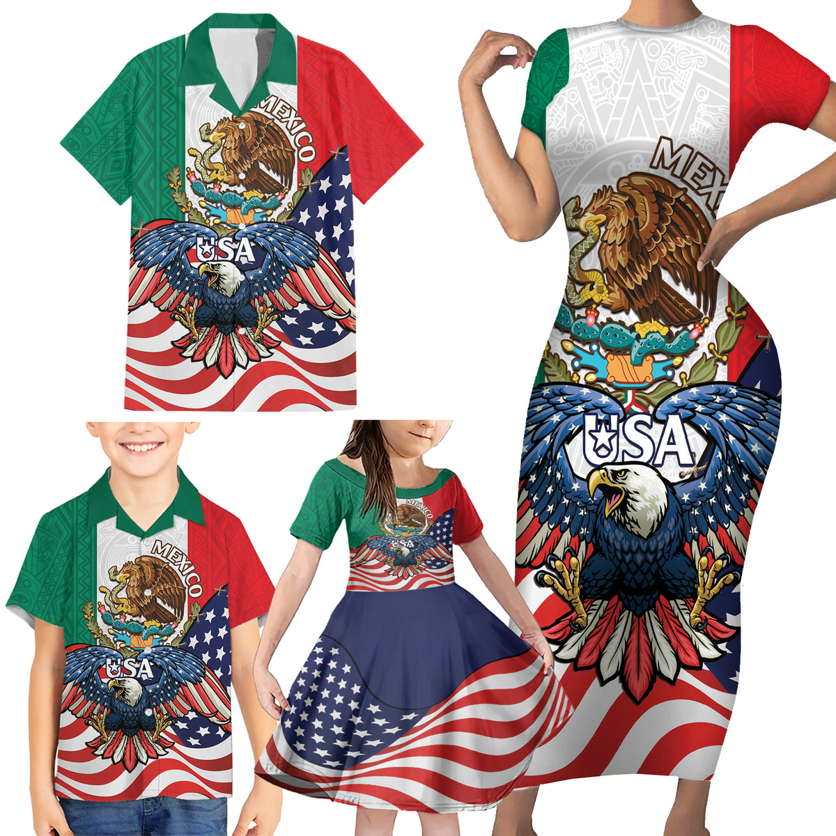 United States And Mexico Family Matching Short Sleeve Bodycon Dress and Hawaiian Shirt USA Eagle With Mexican Aztec - Wonder Print Shop