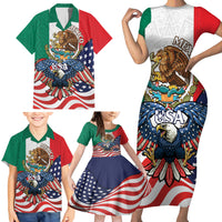 United States And Mexico Family Matching Short Sleeve Bodycon Dress and Hawaiian Shirt USA Eagle With Mexican Aztec - Wonder Print Shop