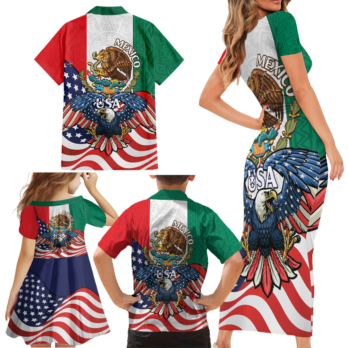 United States And Mexico Family Matching Short Sleeve Bodycon Dress and Hawaiian Shirt USA Eagle With Mexican Aztec - Wonder Print Shop