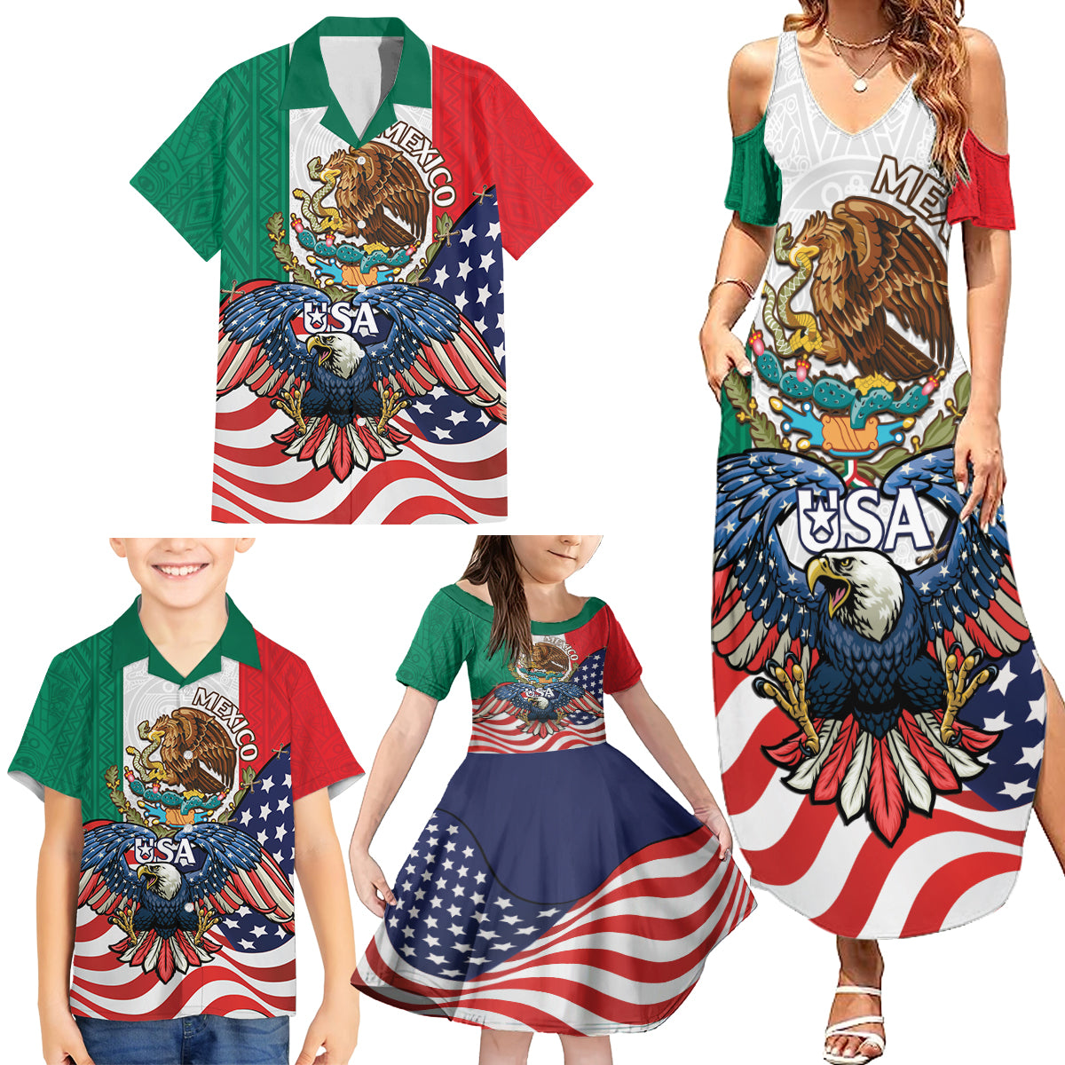 United States And Mexico Family Matching Summer Maxi Dress and Hawaiian Shirt USA Eagle With Mexican Aztec - Wonder Print Shop