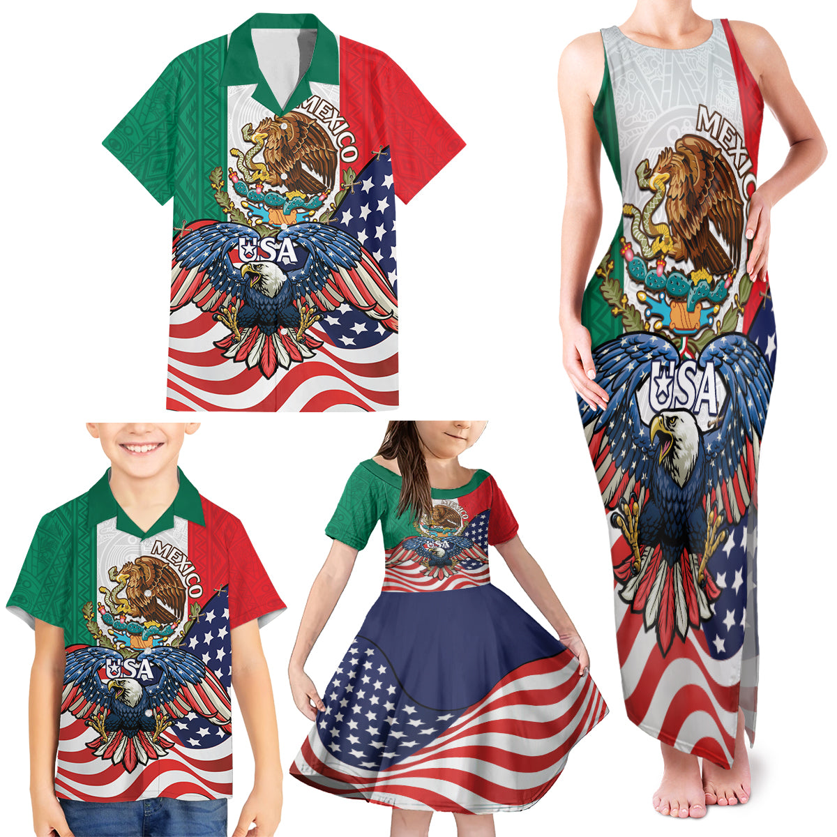 United States And Mexico Family Matching Tank Maxi Dress and Hawaiian Shirt USA Eagle With Mexican Aztec - Wonder Print Shop