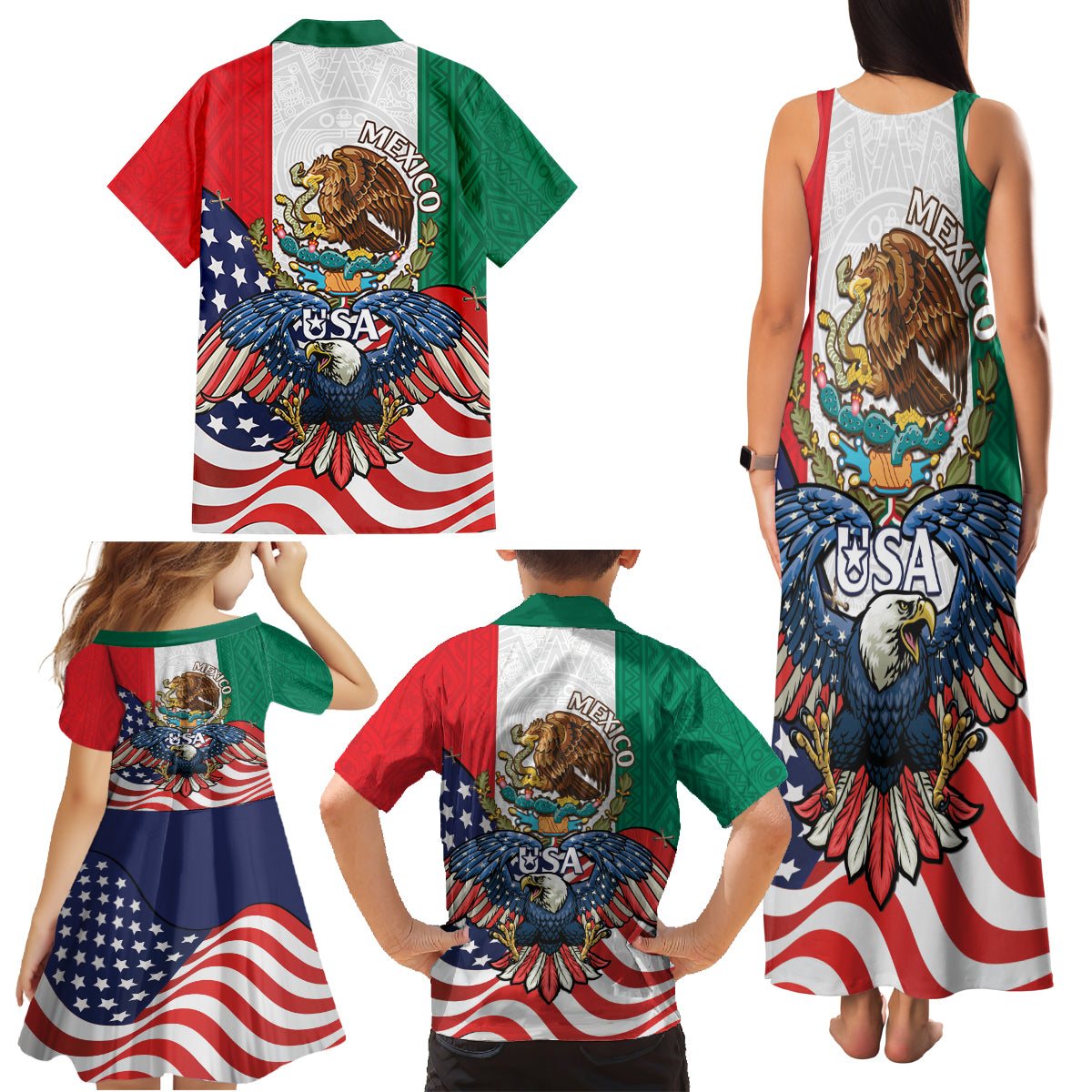 United States And Mexico Family Matching Tank Maxi Dress and Hawaiian Shirt USA Eagle With Mexican Aztec - Wonder Print Shop