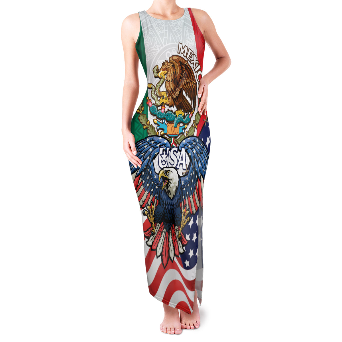 United States And Mexico Family Matching Tank Maxi Dress and Hawaiian Shirt USA Eagle With Mexican Aztec - Wonder Print Shop