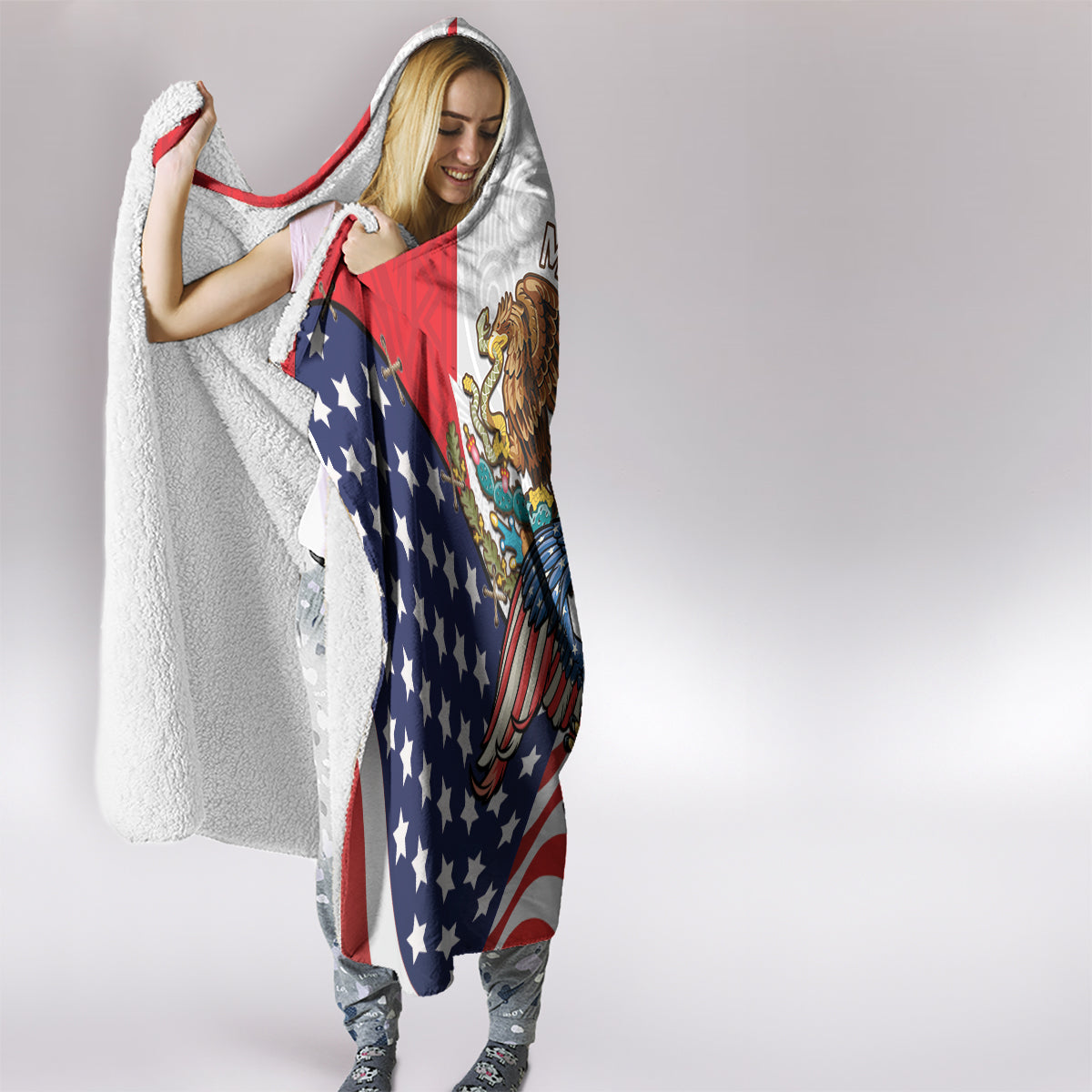 United States And Mexico Hooded Blanket USA Eagle With Mexican Aztec