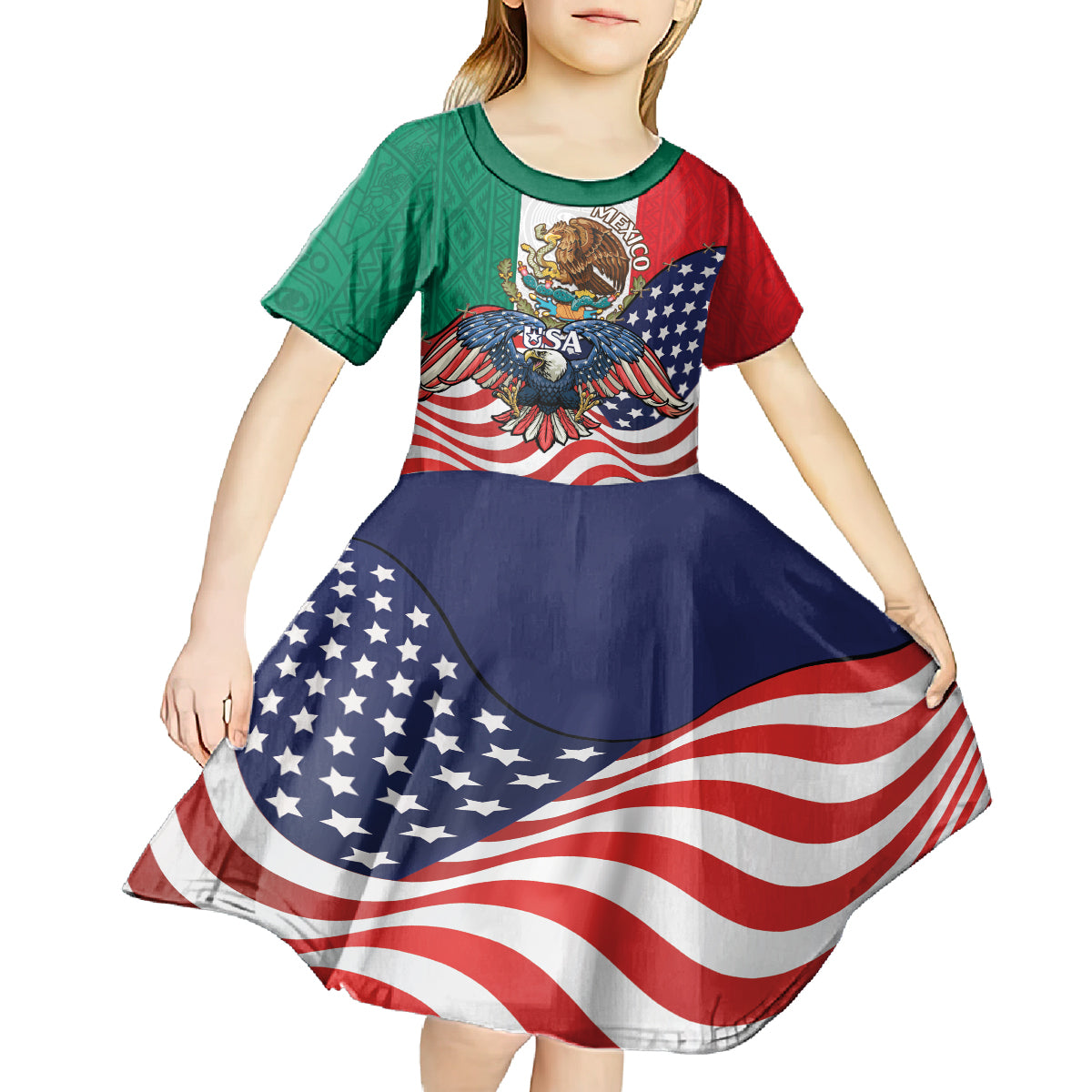 United States And Mexico Kid Short Sleeve Dress USA Eagle With Mexican Aztec - Wonder Print Shop