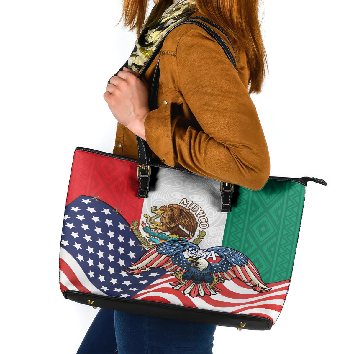 United States And Mexico Leather Tote Bag USA Eagle With Mexican Aztec - Wonder Print Shop
