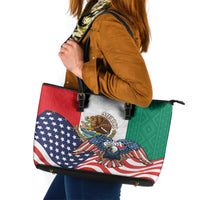 United States And Mexico Leather Tote Bag USA Eagle With Mexican Aztec - Wonder Print Shop