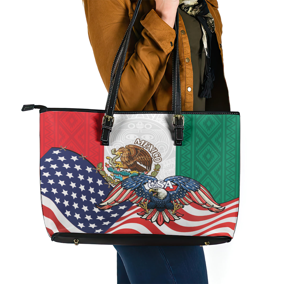 United States And Mexico Leather Tote Bag USA Eagle With Mexican Aztec - Wonder Print Shop