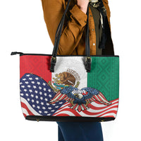 United States And Mexico Leather Tote Bag USA Eagle With Mexican Aztec - Wonder Print Shop