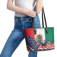 United States And Mexico Leather Tote Bag USA Eagle With Mexican Aztec - Wonder Print Shop