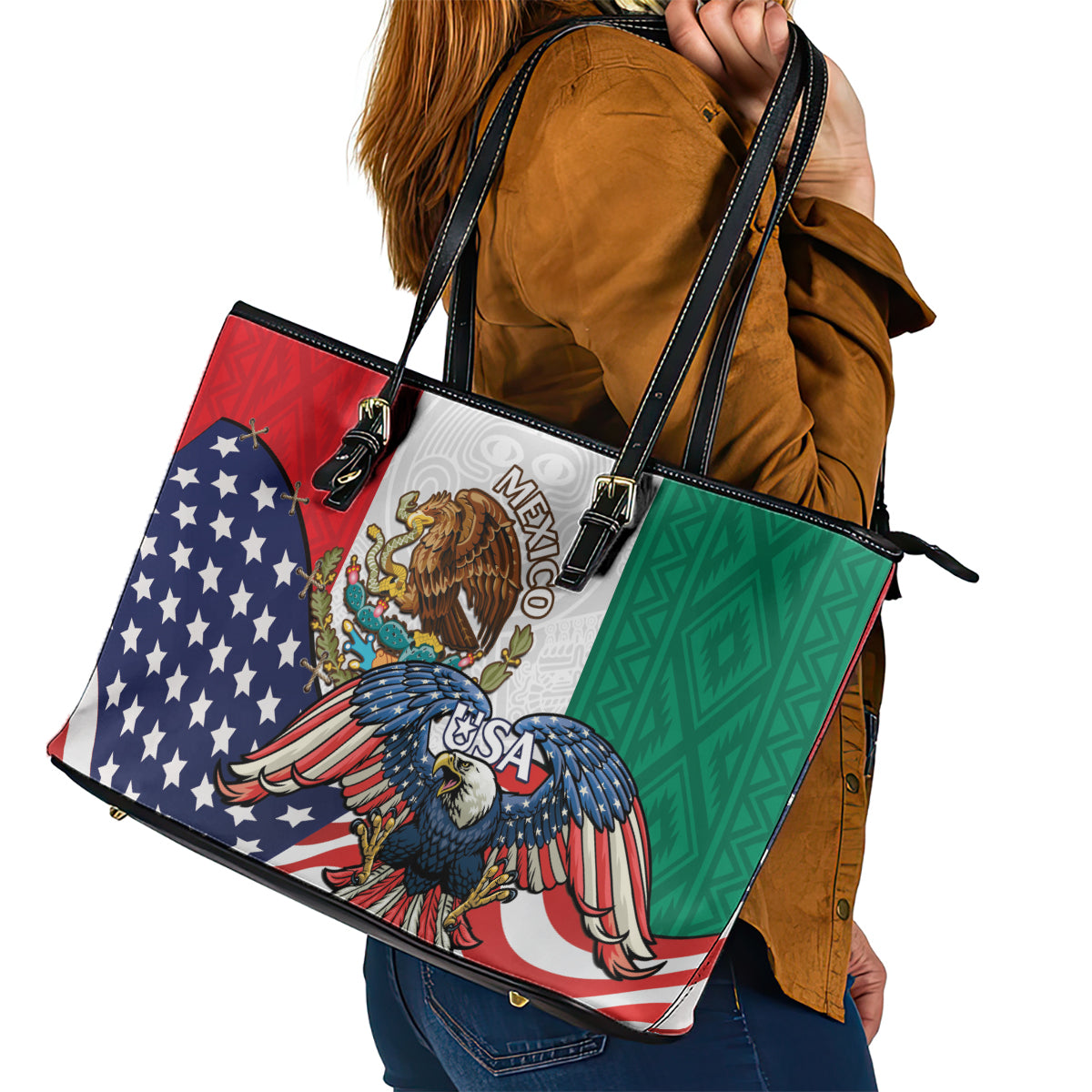 United States And Mexico Leather Tote Bag USA Eagle With Mexican Aztec - Wonder Print Shop