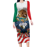 United States And Mexico Long Sleeve Bodycon Dress USA Eagle With Mexican Aztec - Wonder Print Shop