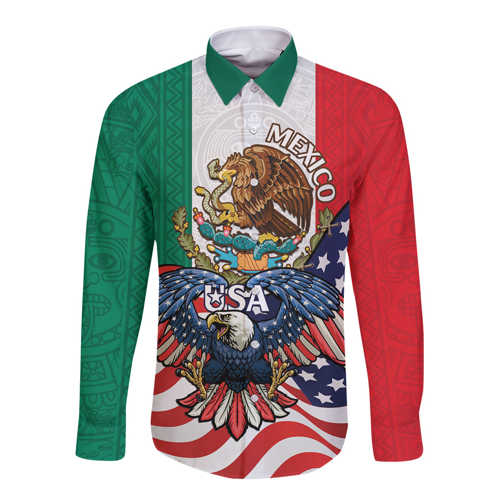 United States And Mexico Long Sleeve Button Shirt USA Eagle With Mexican Aztec - Wonder Print Shop