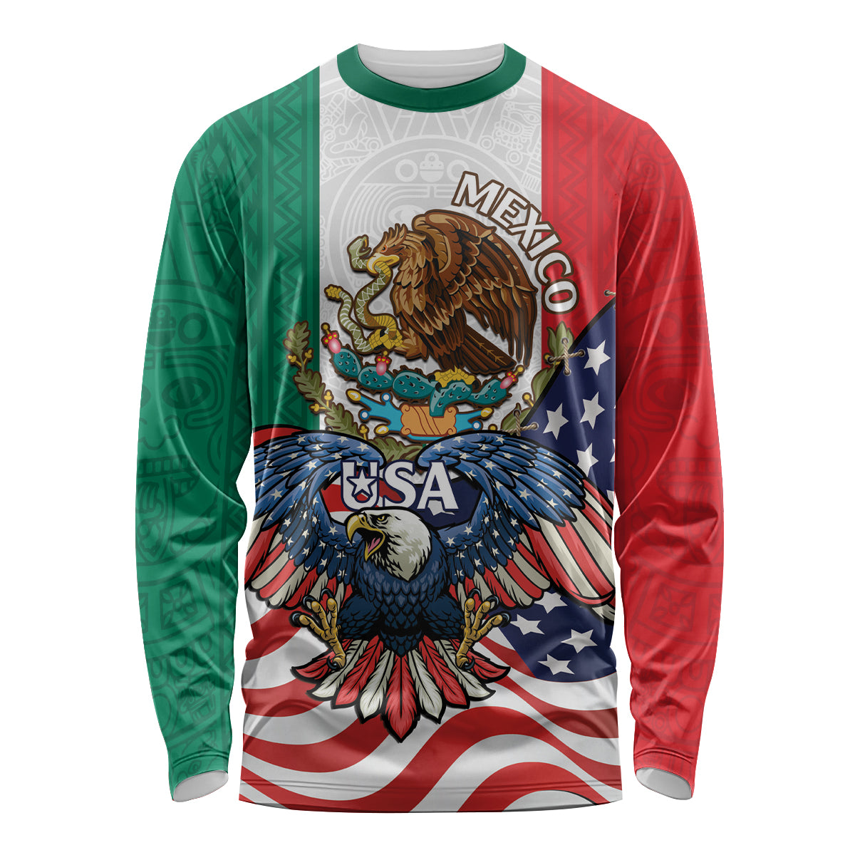 United States And Mexico Long Sleeve Shirt USA Eagle With Mexican Aztec - Wonder Print Shop