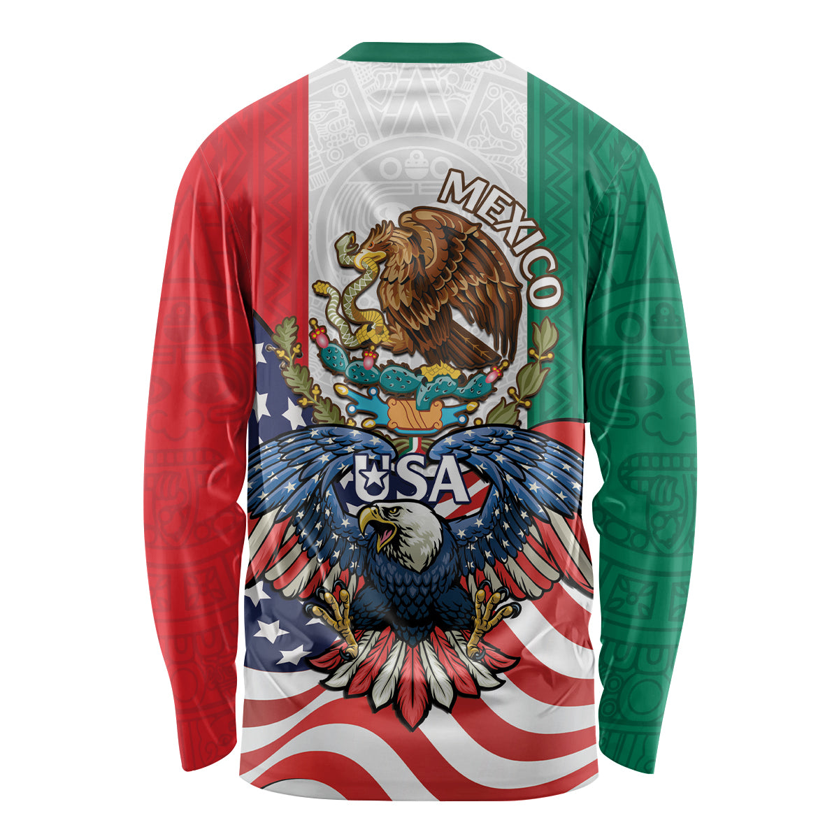 United States And Mexico Long Sleeve Shirt USA Eagle With Mexican Aztec - Wonder Print Shop