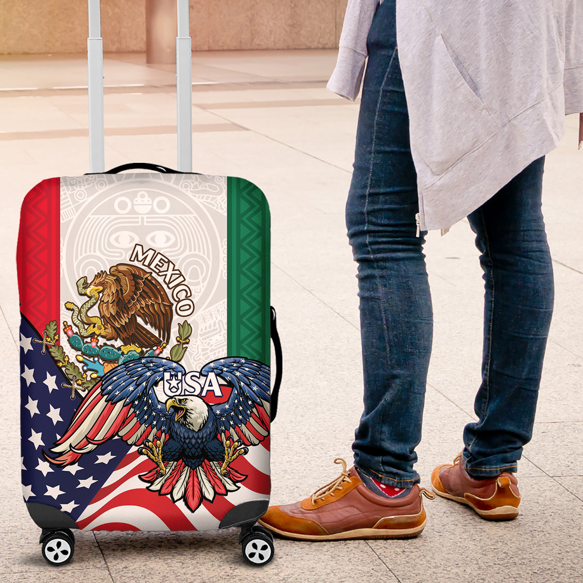 United States And Mexico Luggage Cover USA Eagle With Mexican Aztec - Wonder Print Shop
