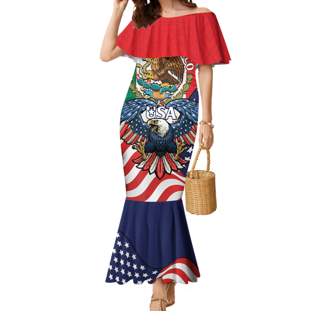 United States And Mexico Mermaid Dress USA Eagle With Mexican Aztec - Wonder Print Shop