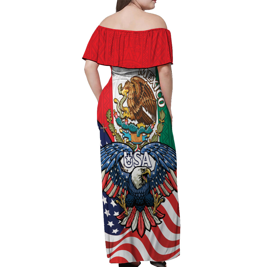 United States And Mexico Off Shoulder Maxi Dress USA Eagle With Mexican Aztec - Wonder Print Shop