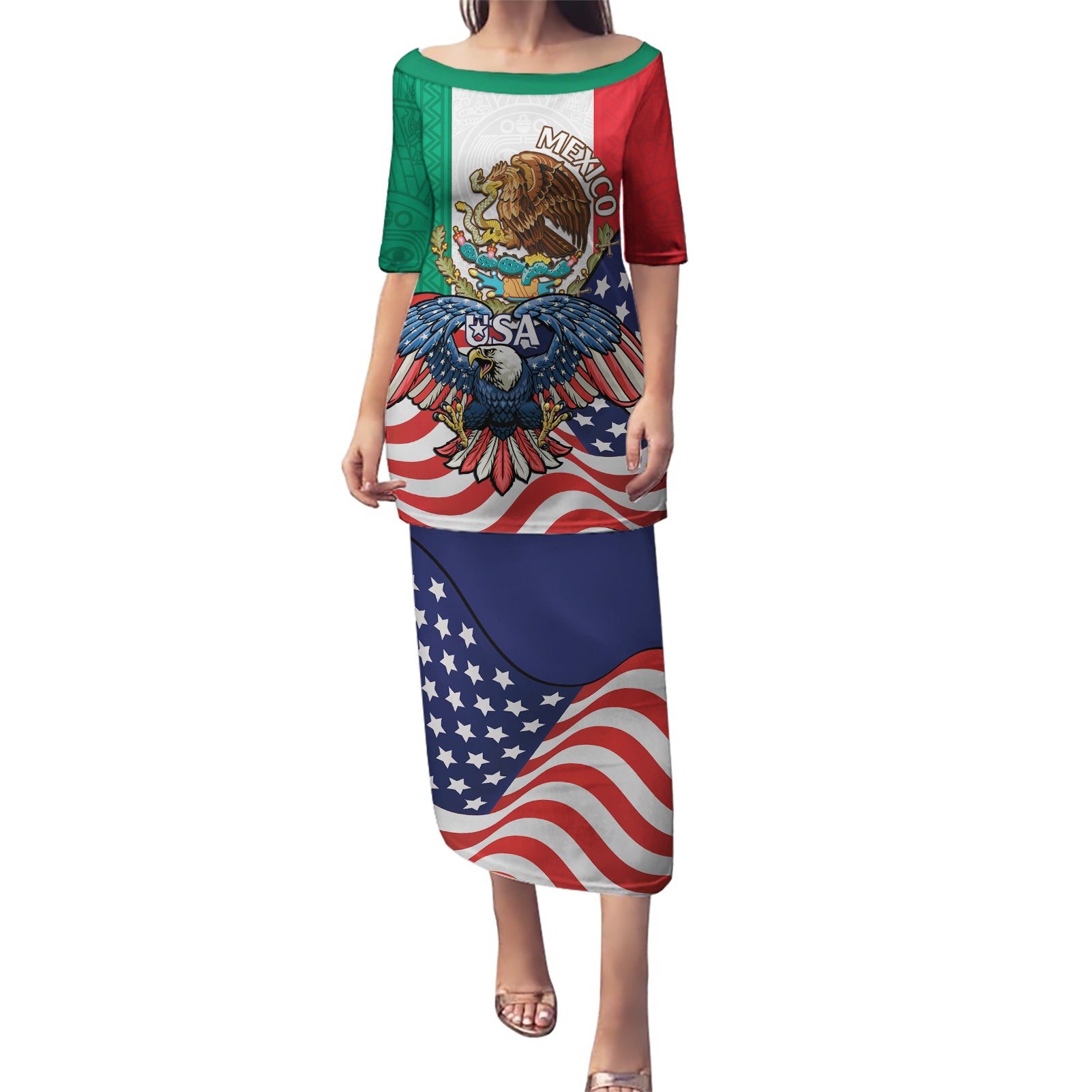 United States And Mexico Puletasi USA Eagle With Mexican Aztec - Wonder Print Shop