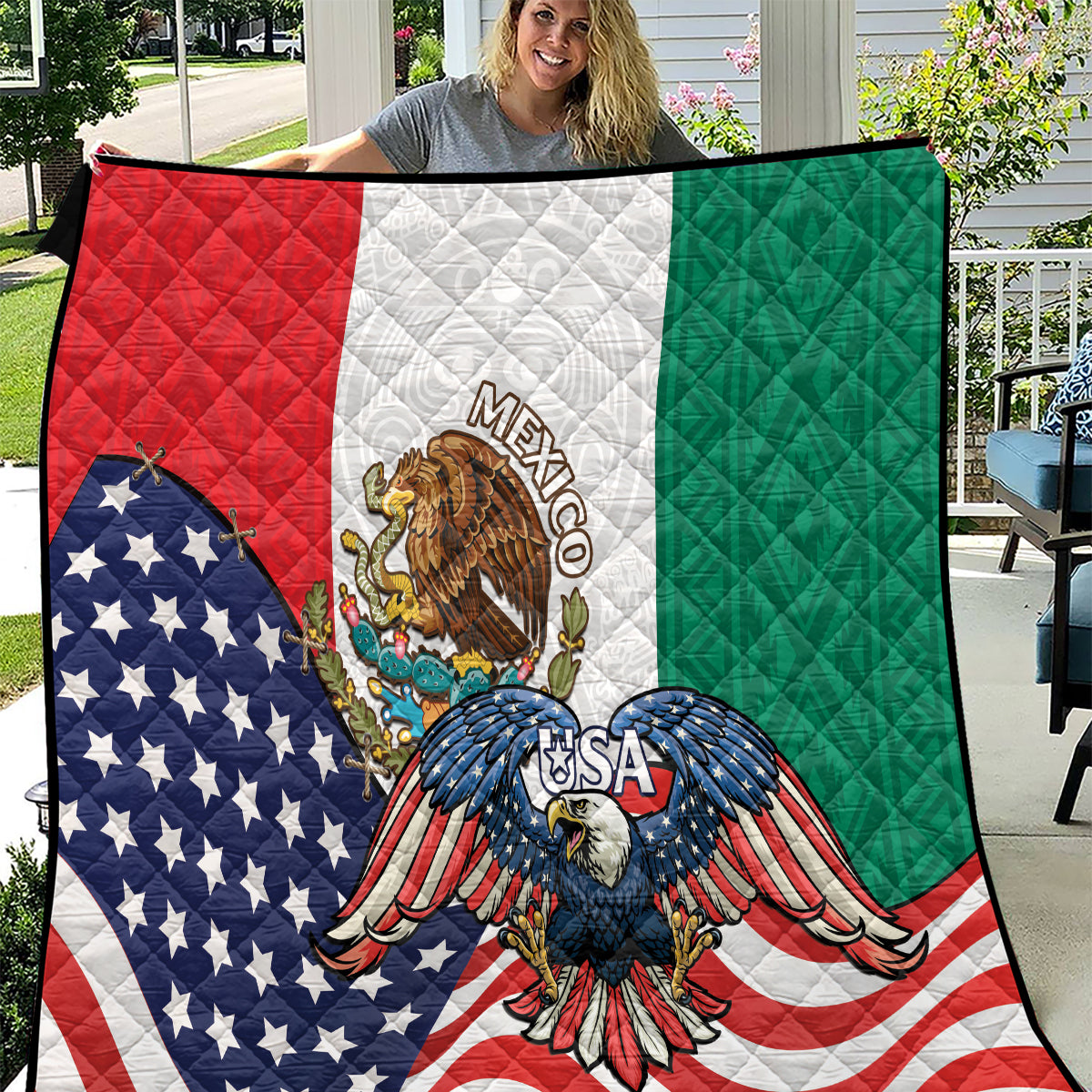 United States And Mexico Quilt USA Eagle With Mexican Aztec - Wonder Print Shop