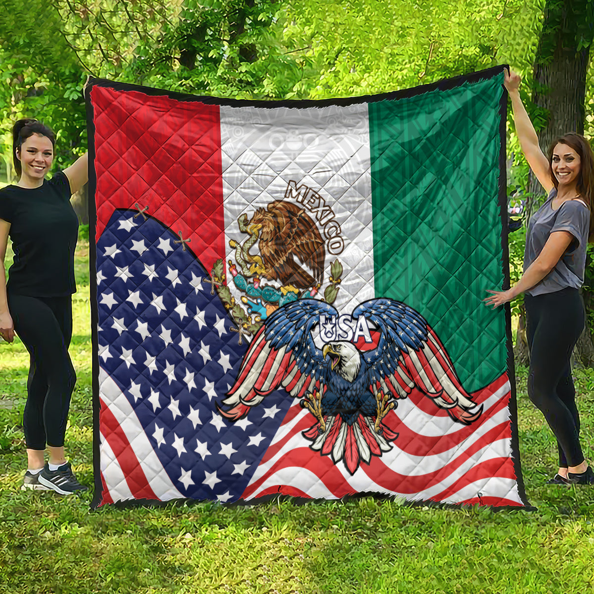 United States And Mexico Quilt USA Eagle With Mexican Aztec - Wonder Print Shop