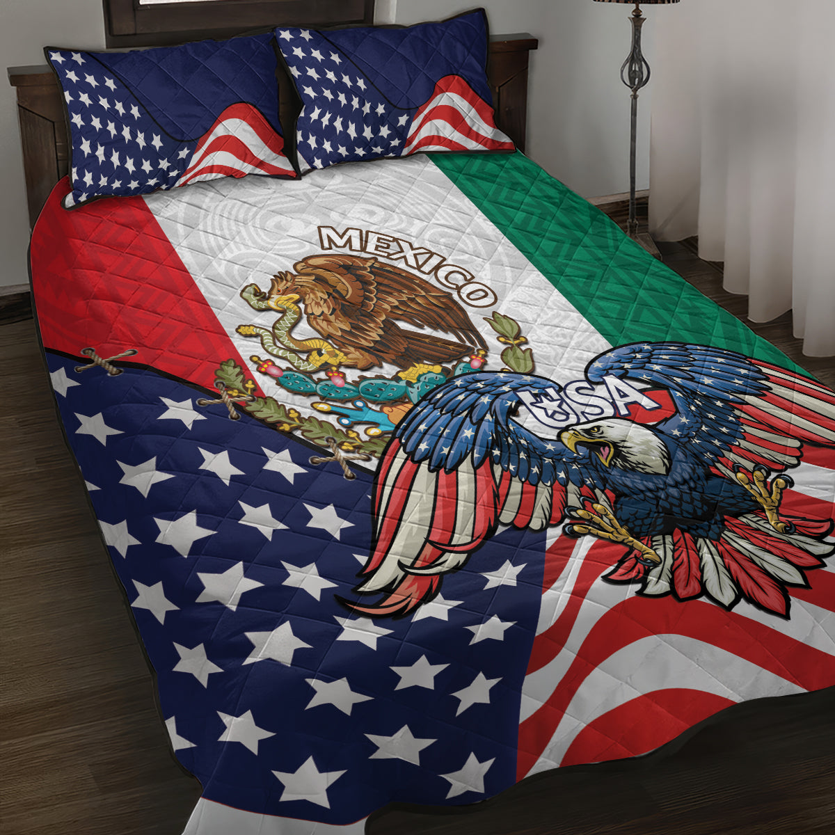 United States And Mexico Quilt Bed Set USA Eagle With Mexican Aztec - Wonder Print Shop