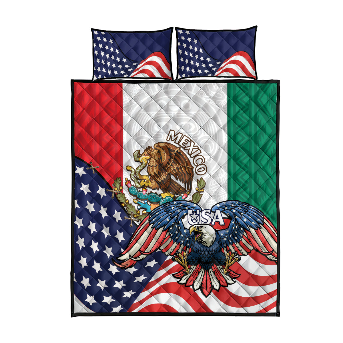 United States And Mexico Quilt Bed Set USA Eagle With Mexican Aztec - Wonder Print Shop