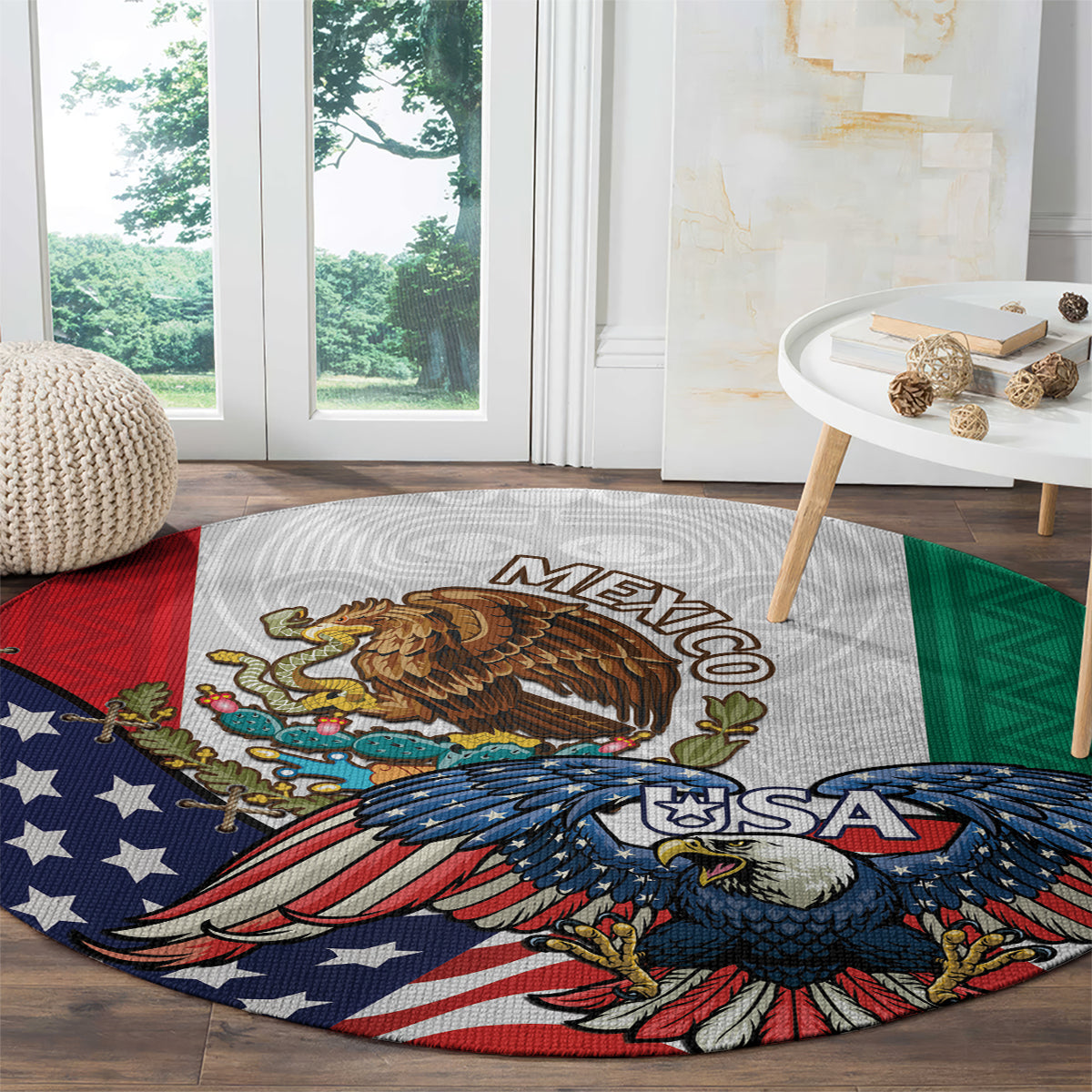 United States And Mexico Round Carpet USA Eagle With Mexican Aztec