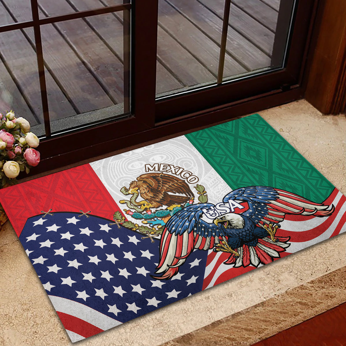 United States And Mexico Rubber Doormat USA Eagle With Mexican Aztec - Wonder Print Shop