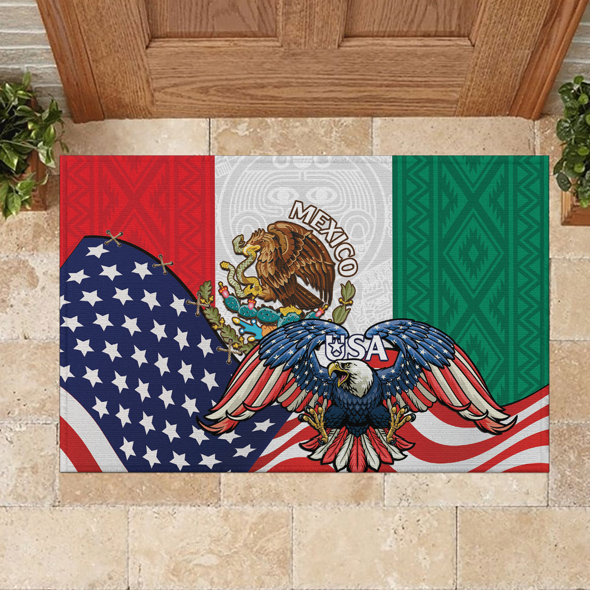 United States And Mexico Rubber Doormat USA Eagle With Mexican Aztec - Wonder Print Shop