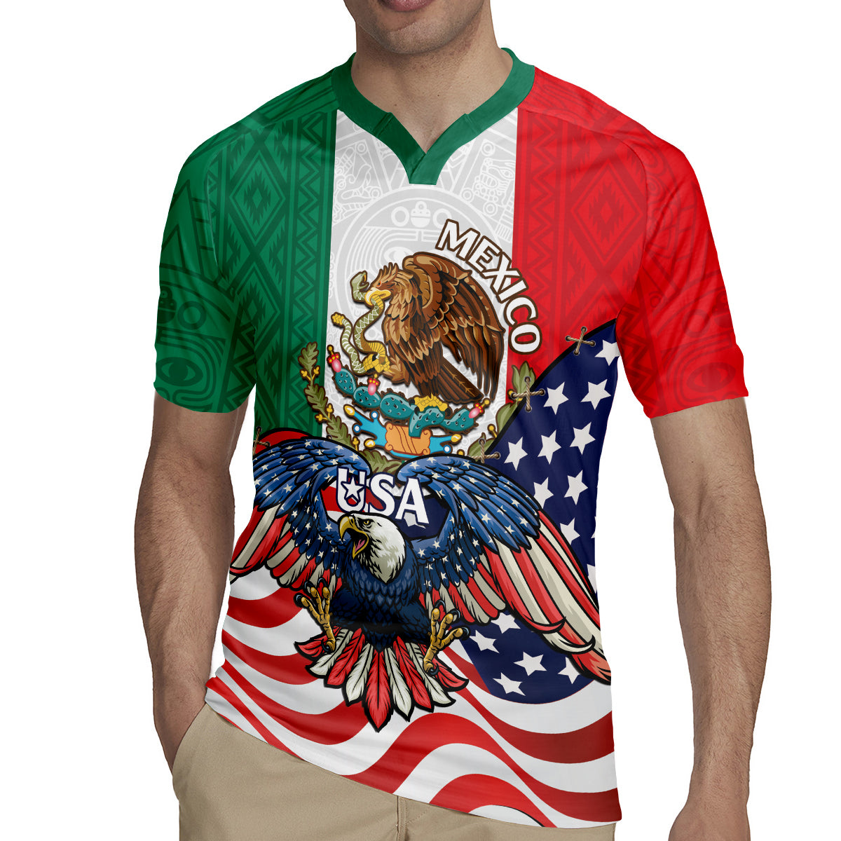 United States And Mexico Rugby Jersey USA Eagle With Mexican Aztec - Wonder Print Shop