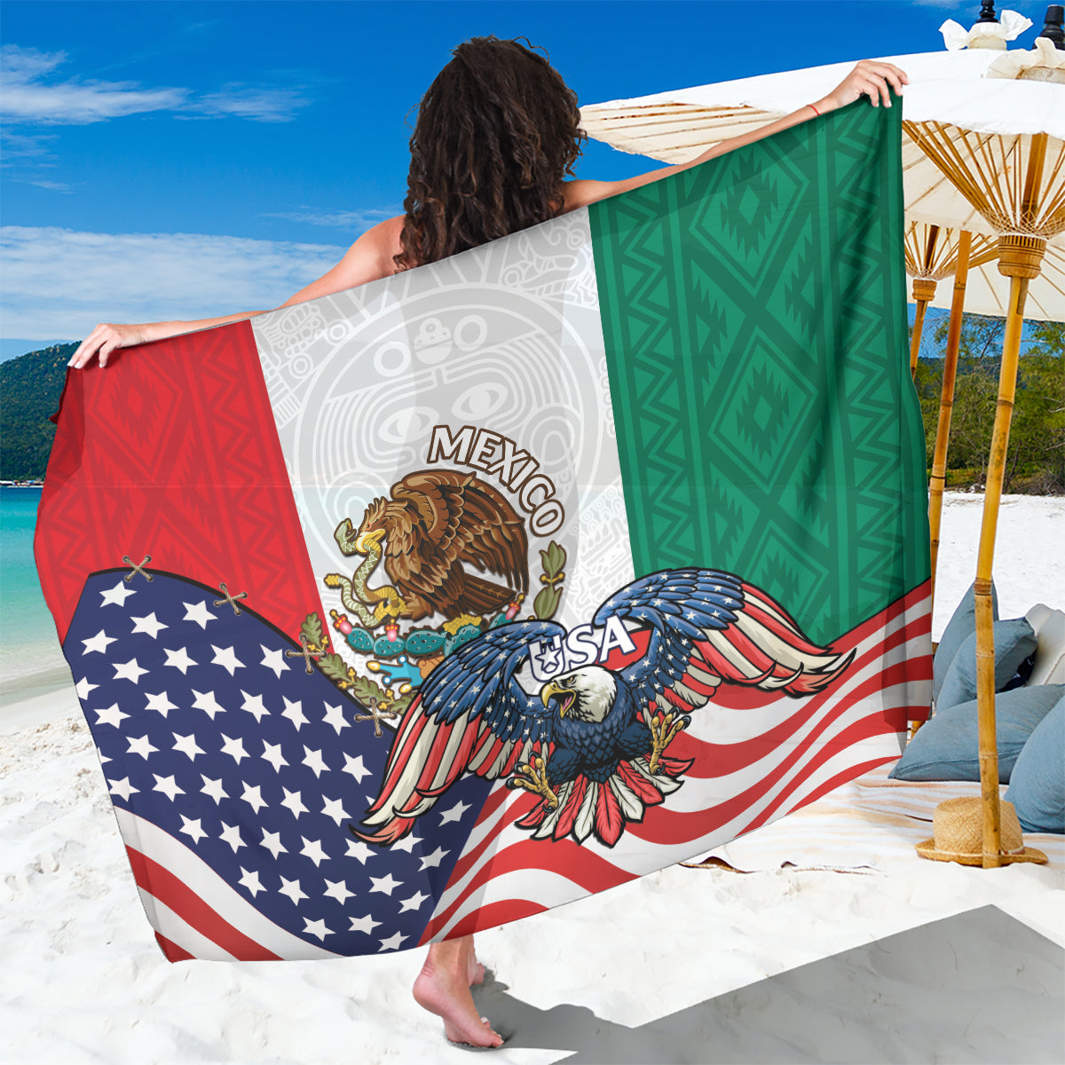 United States And Mexico Sarong USA Eagle With Mexican Aztec - Wonder Print Shop