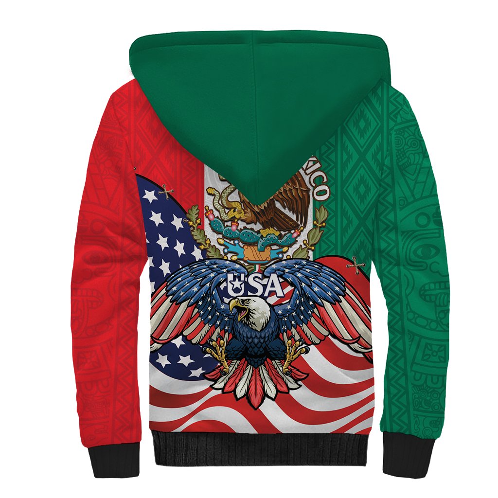United States And Mexico Sherpa Hoodie USA Eagle With Mexican Aztec - Wonder Print Shop