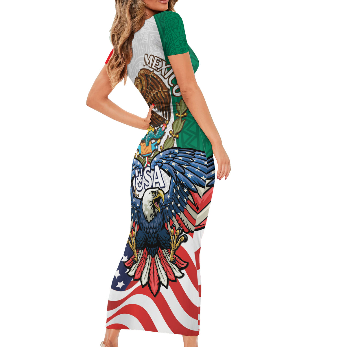 United States And Mexico Short Sleeve Bodycon Dress USA Eagle With Mexican Aztec - Wonder Print Shop