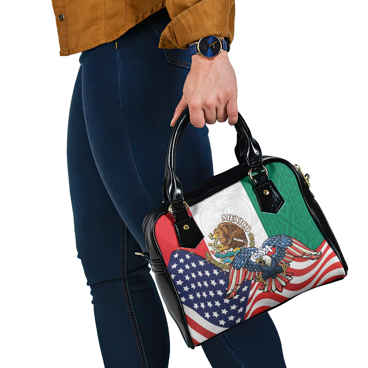 United States And Mexico Shoulder Handbag USA Eagle With Mexican Aztec