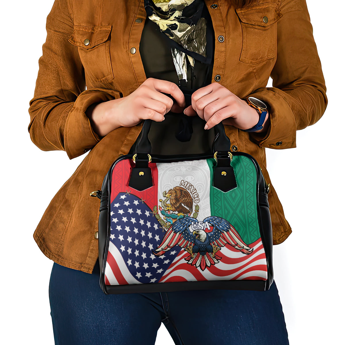 United States And Mexico Shoulder Handbag USA Eagle With Mexican Aztec