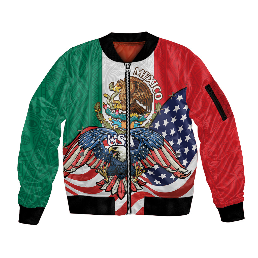 United States And Mexico Sleeve Zip Bomber Jacket USA Eagle With Mexican Aztec - Wonder Print Shop