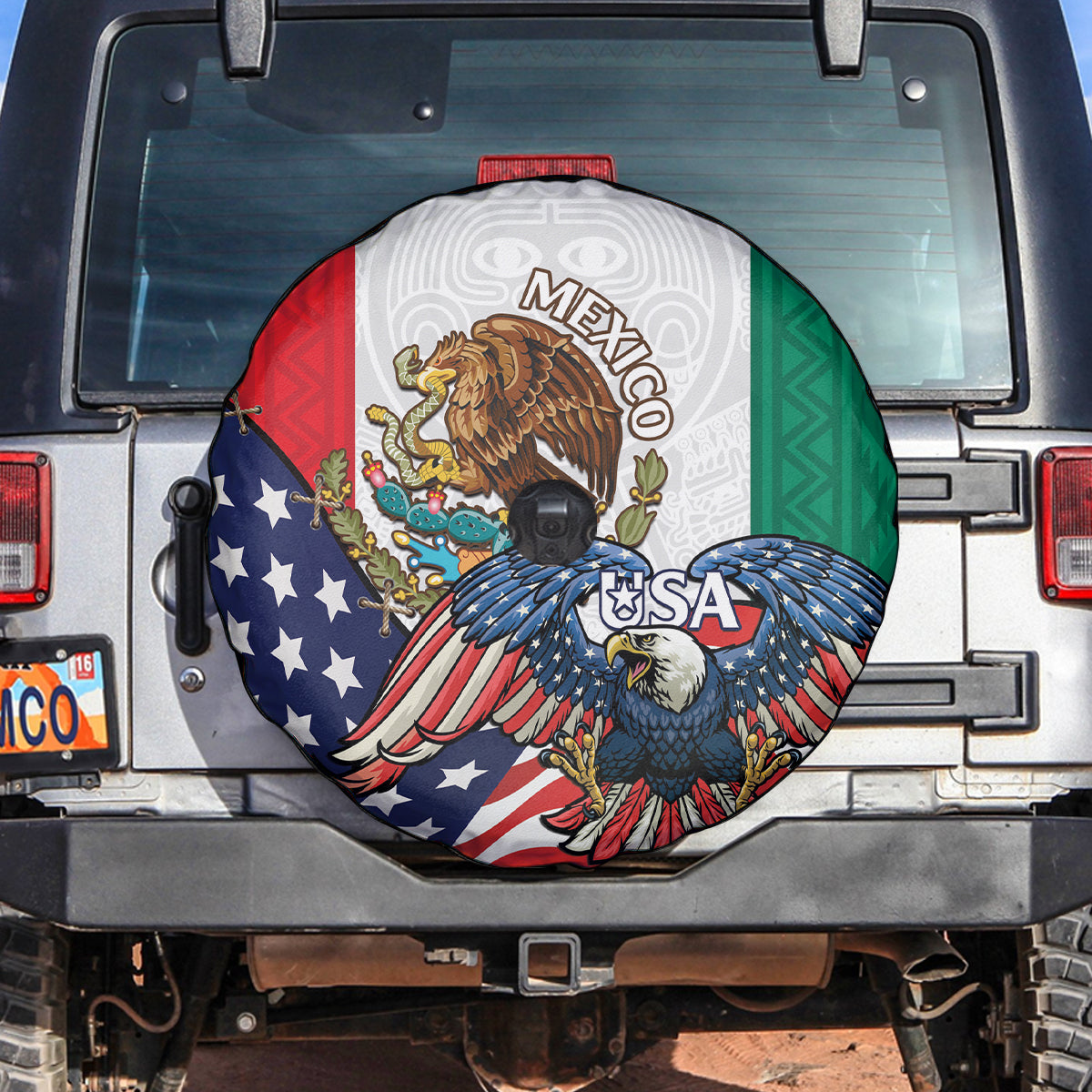 United States And Mexico Spare Tire Cover USA Eagle With Mexican Aztec - Wonder Print Shop