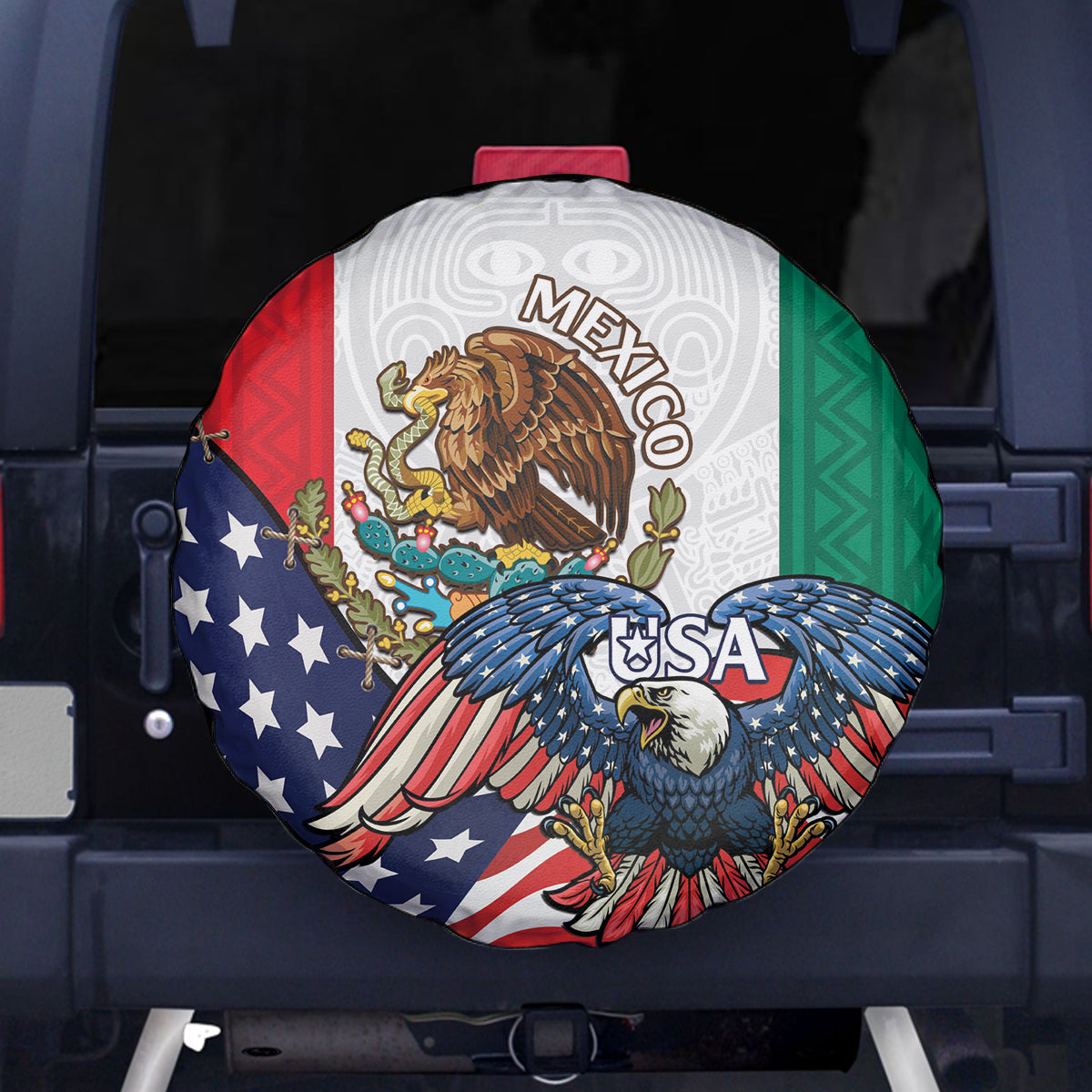 United States And Mexico Spare Tire Cover USA Eagle With Mexican Aztec - Wonder Print Shop