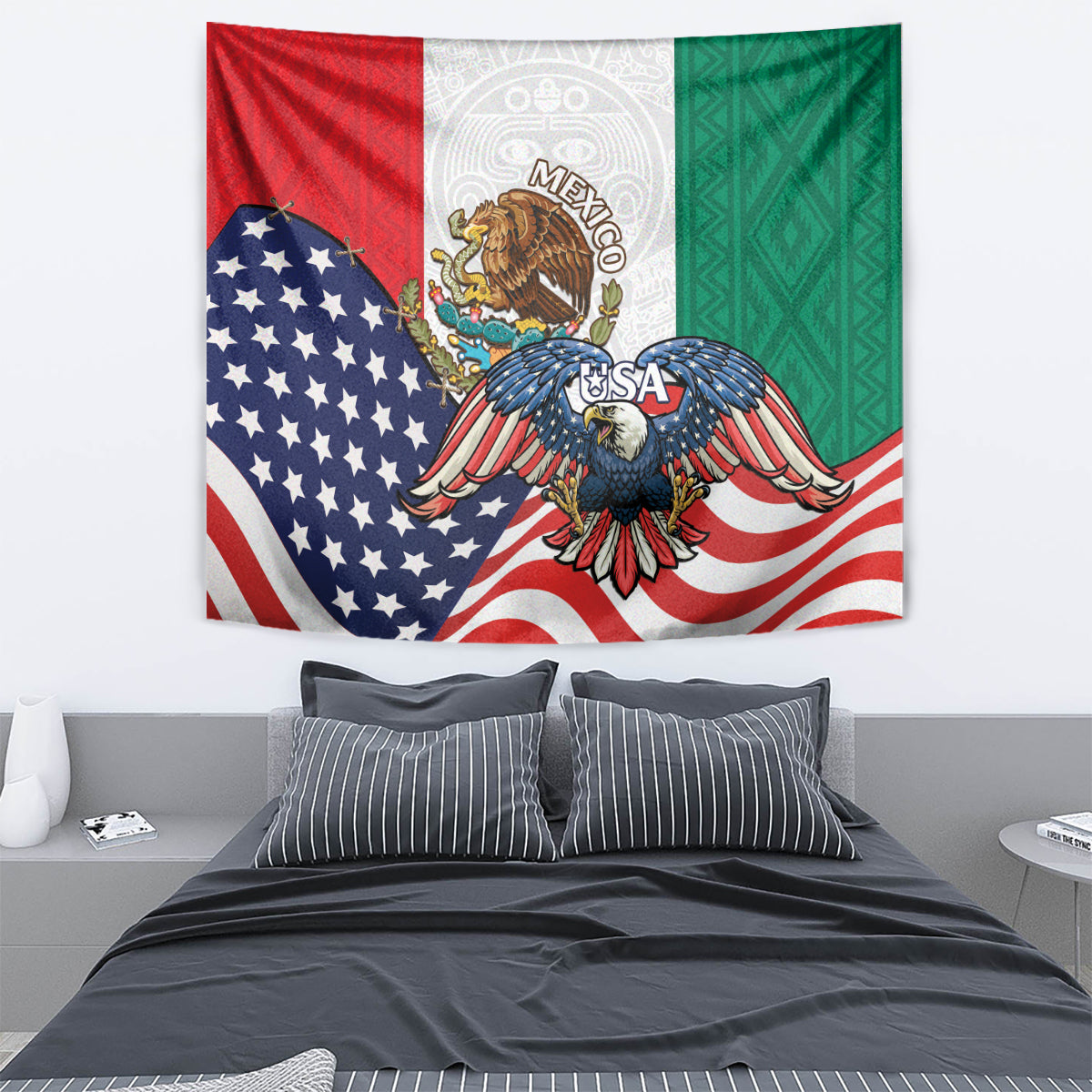 United States And Mexico Tapestry USA Eagle With Mexican Aztec - Wonder Print Shop