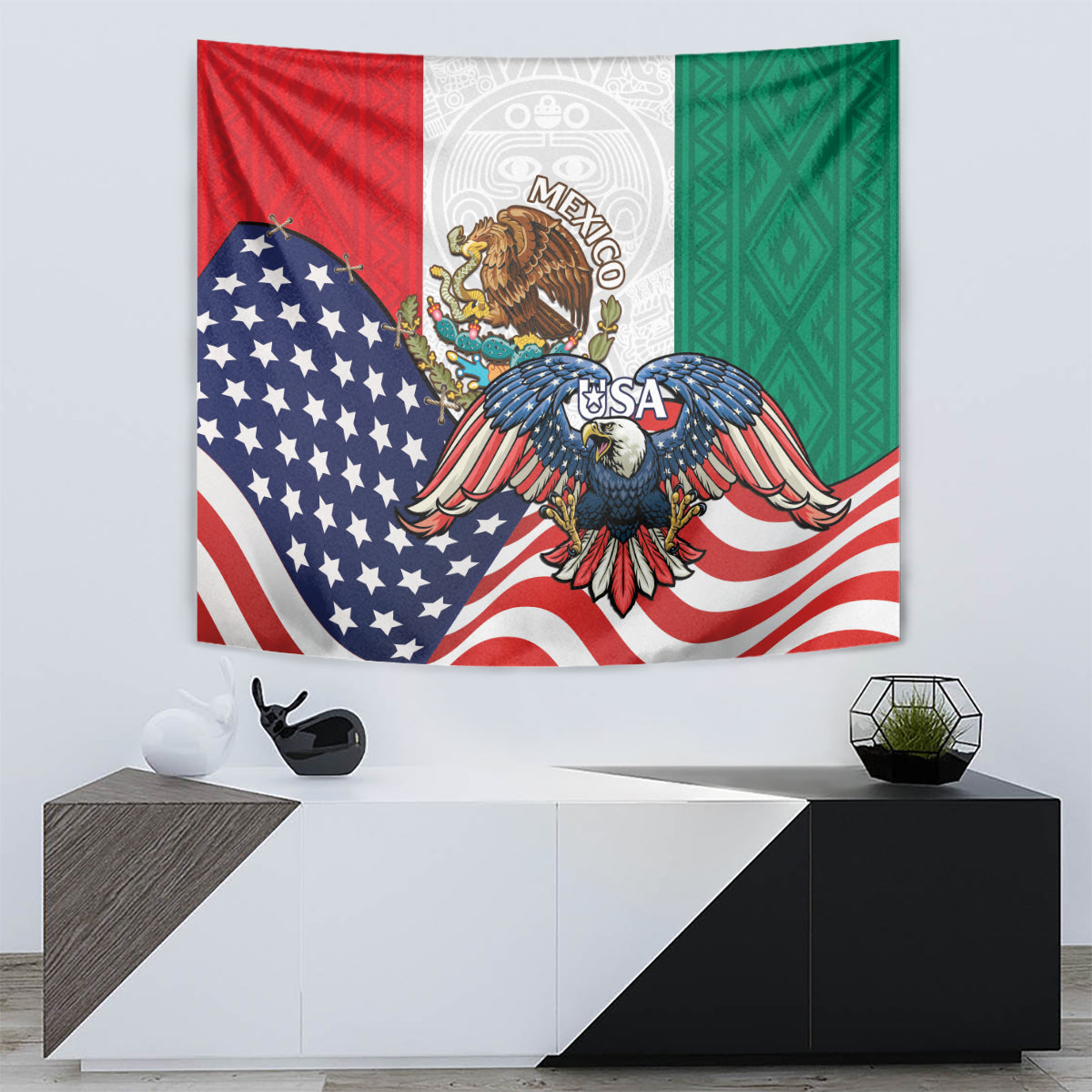 United States And Mexico Tapestry USA Eagle With Mexican Aztec - Wonder Print Shop