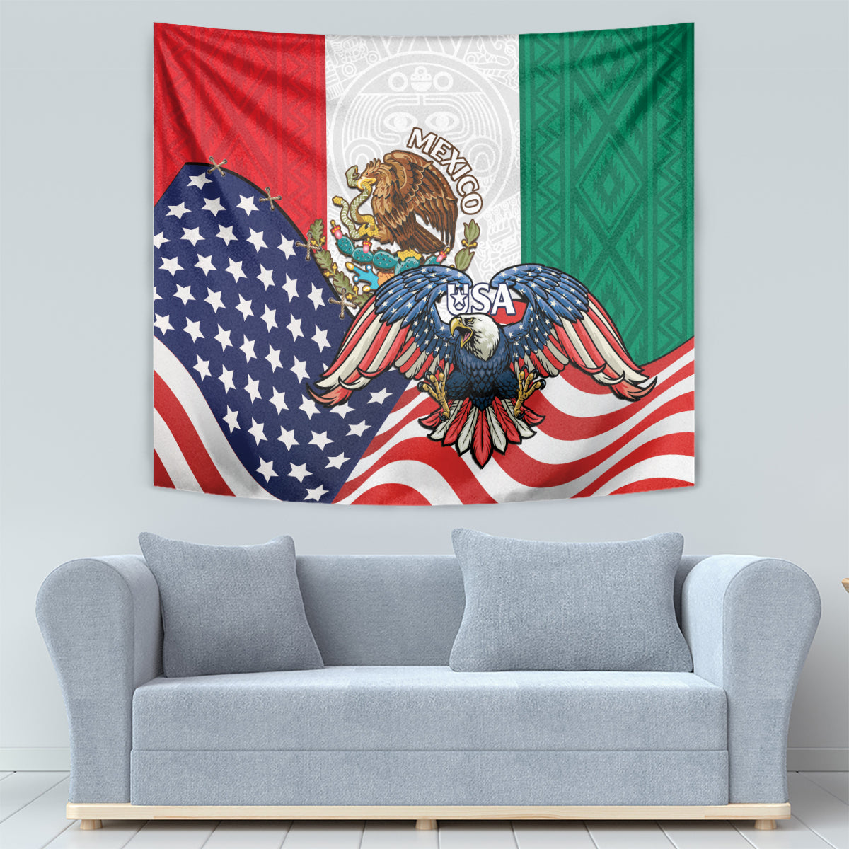 United States And Mexico Tapestry USA Eagle With Mexican Aztec - Wonder Print Shop