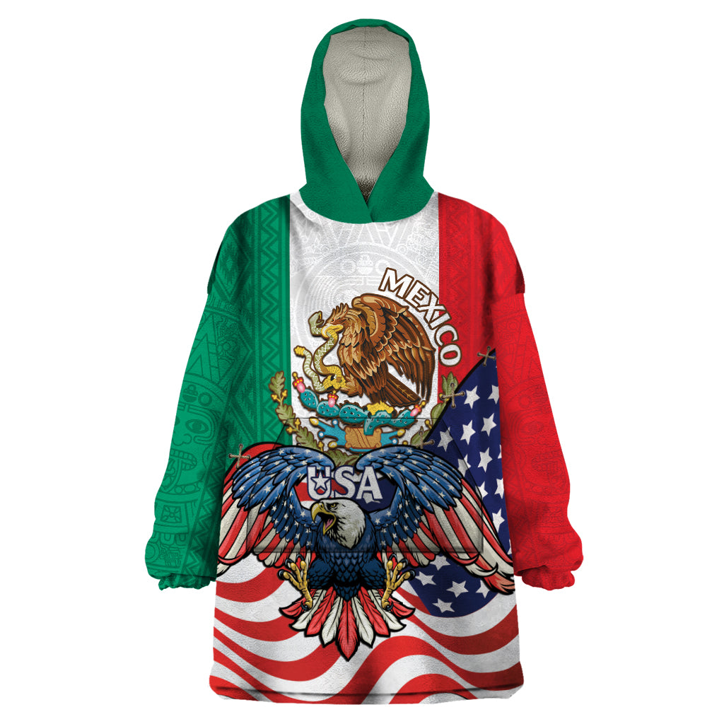 United States And Mexico Wearable Blanket Hoodie USA Eagle With Mexican Aztec