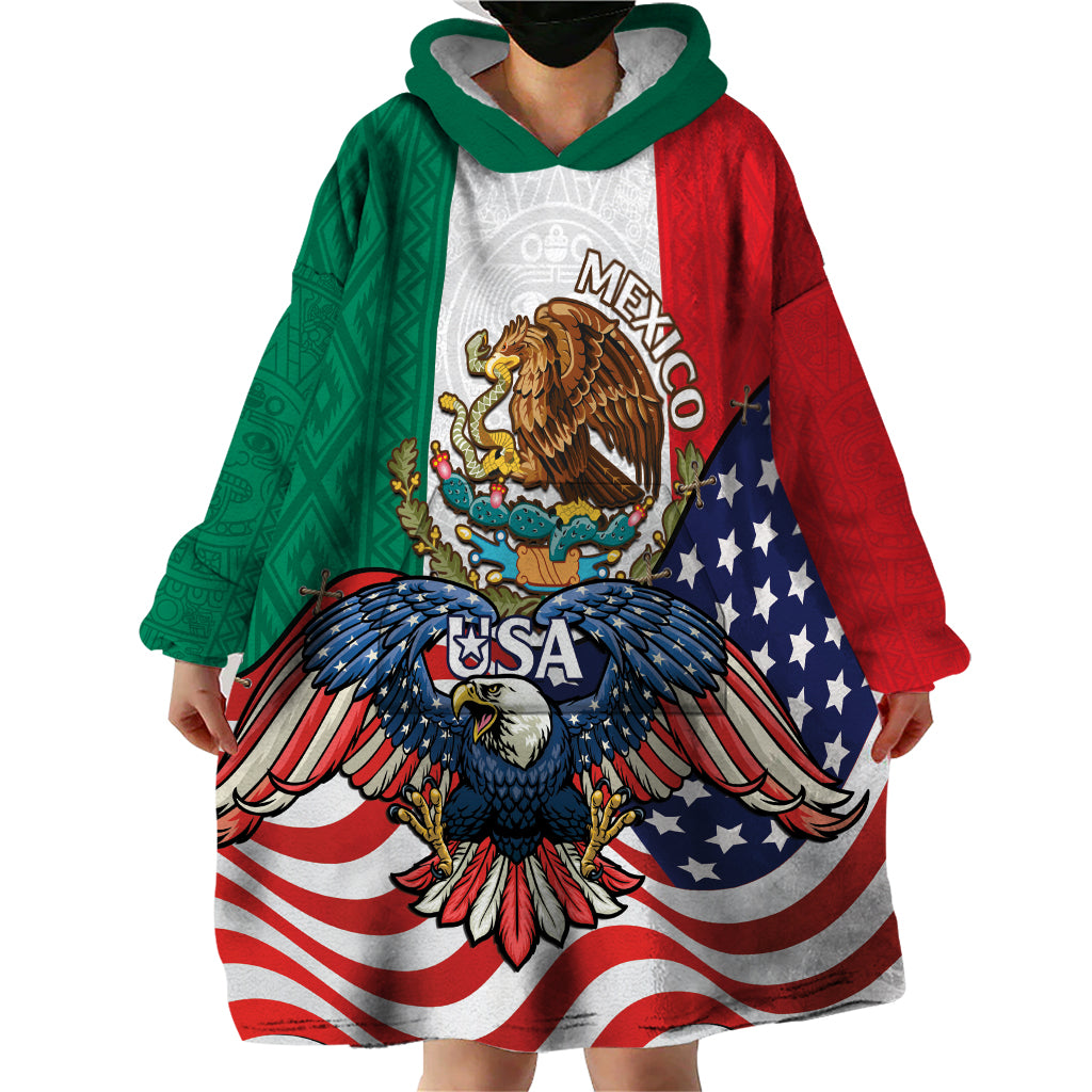 United States And Mexico Wearable Blanket Hoodie USA Eagle With Mexican Aztec - Wonder Print Shop