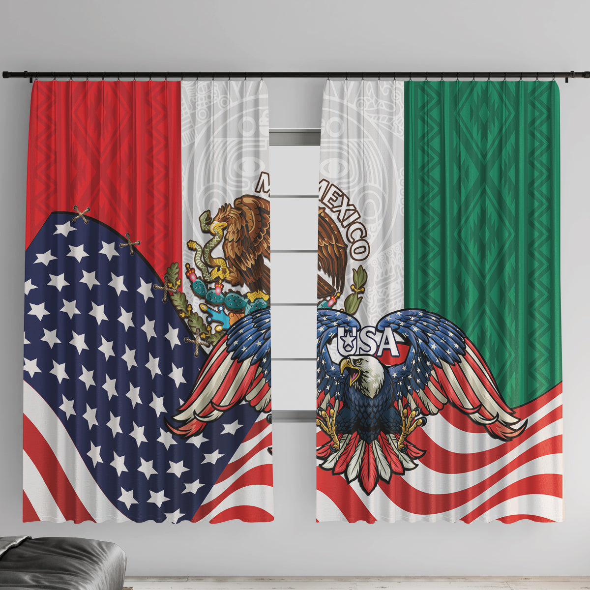 United States And Mexico Window Curtain USA Eagle With Mexican Aztec - Wonder Print Shop