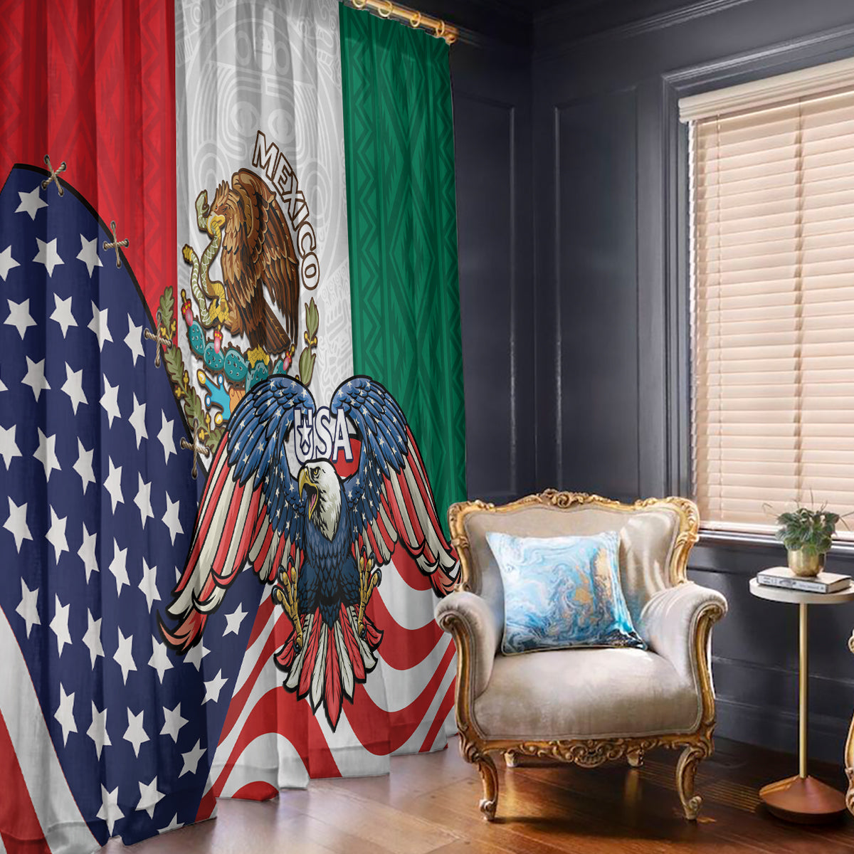 United States And Mexico Window Curtain USA Eagle With Mexican Aztec - Wonder Print Shop