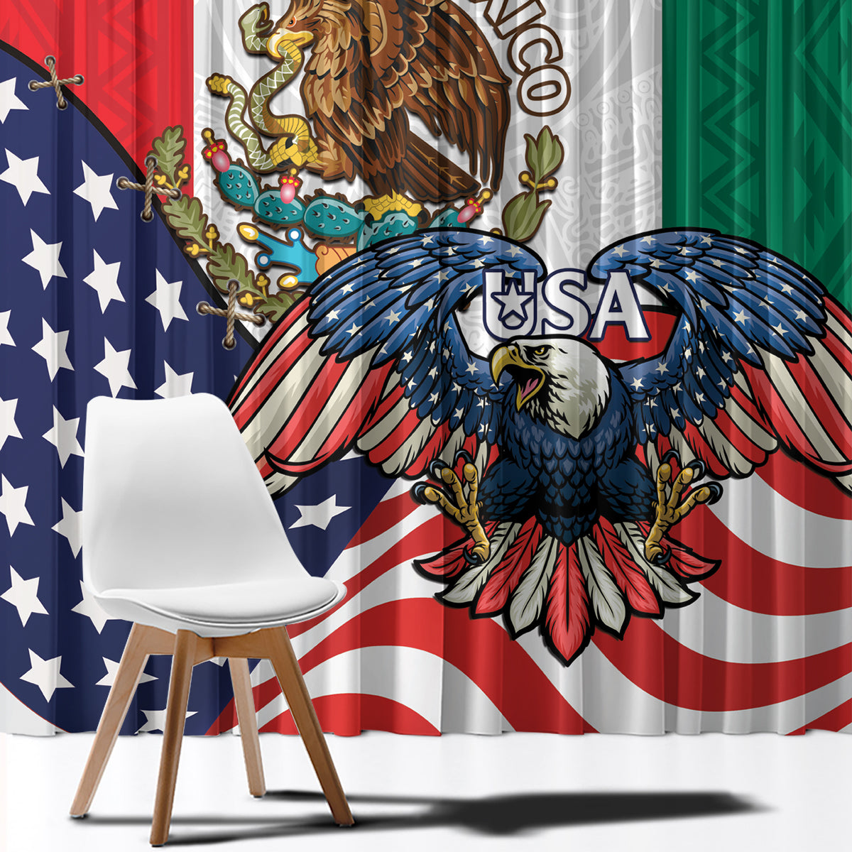 United States And Mexico Window Curtain USA Eagle With Mexican Aztec - Wonder Print Shop