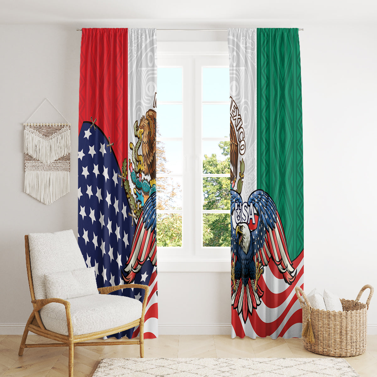 United States And Mexico Window Curtain USA Eagle With Mexican Aztec - Wonder Print Shop